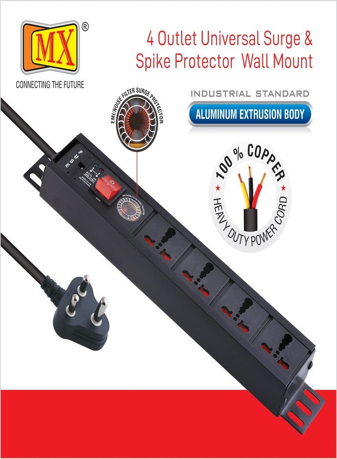 ام كي لوحة تمديد كهربائية MX بأربعة منافذ، بقدرة 3000 واط و15 أمبير، مزودة بسلك طاقة شديد التحمل (0.75 مم²، حاصل على علامة الجودة ISI) بطول 5 أمتار، مع واقي من ارتفاع التيار الكهربائي، وغطاء أمان للأطفال، وهيكل من الألومنيوم المبثوق. - Image 5